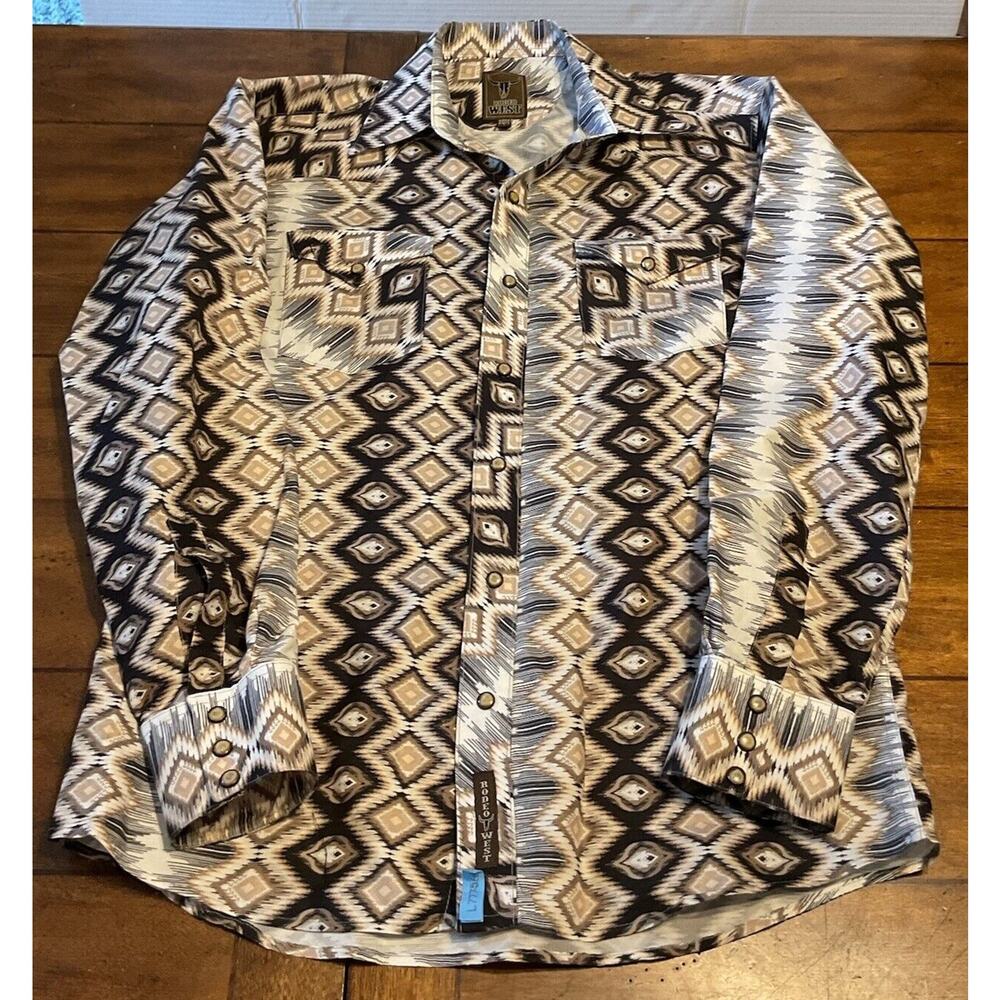 Rodeo West Pearl Snap Aztec Shirt Men Size M Brown Long Sleeve Western Rodeo